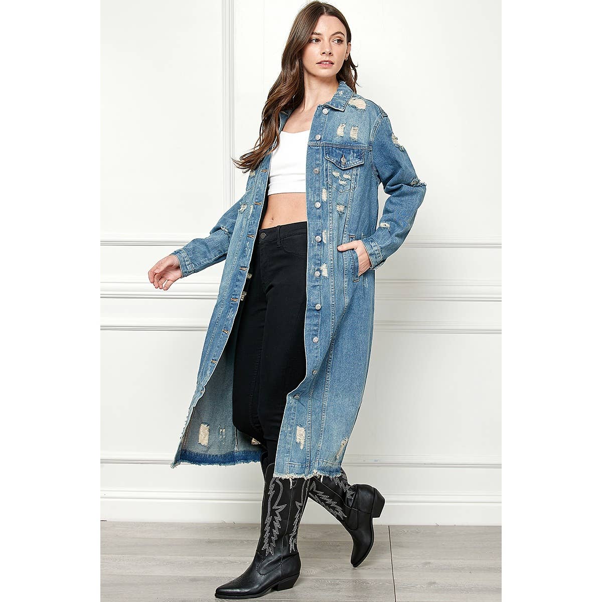 Distressed Long Denim Jacket: Med Wash / S