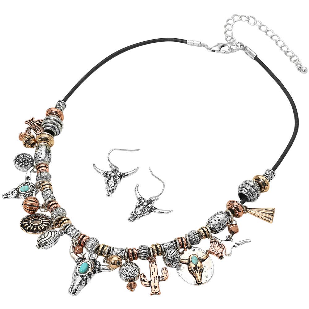 Antique Metal Western Steer Head Cactus Charm Necklace
