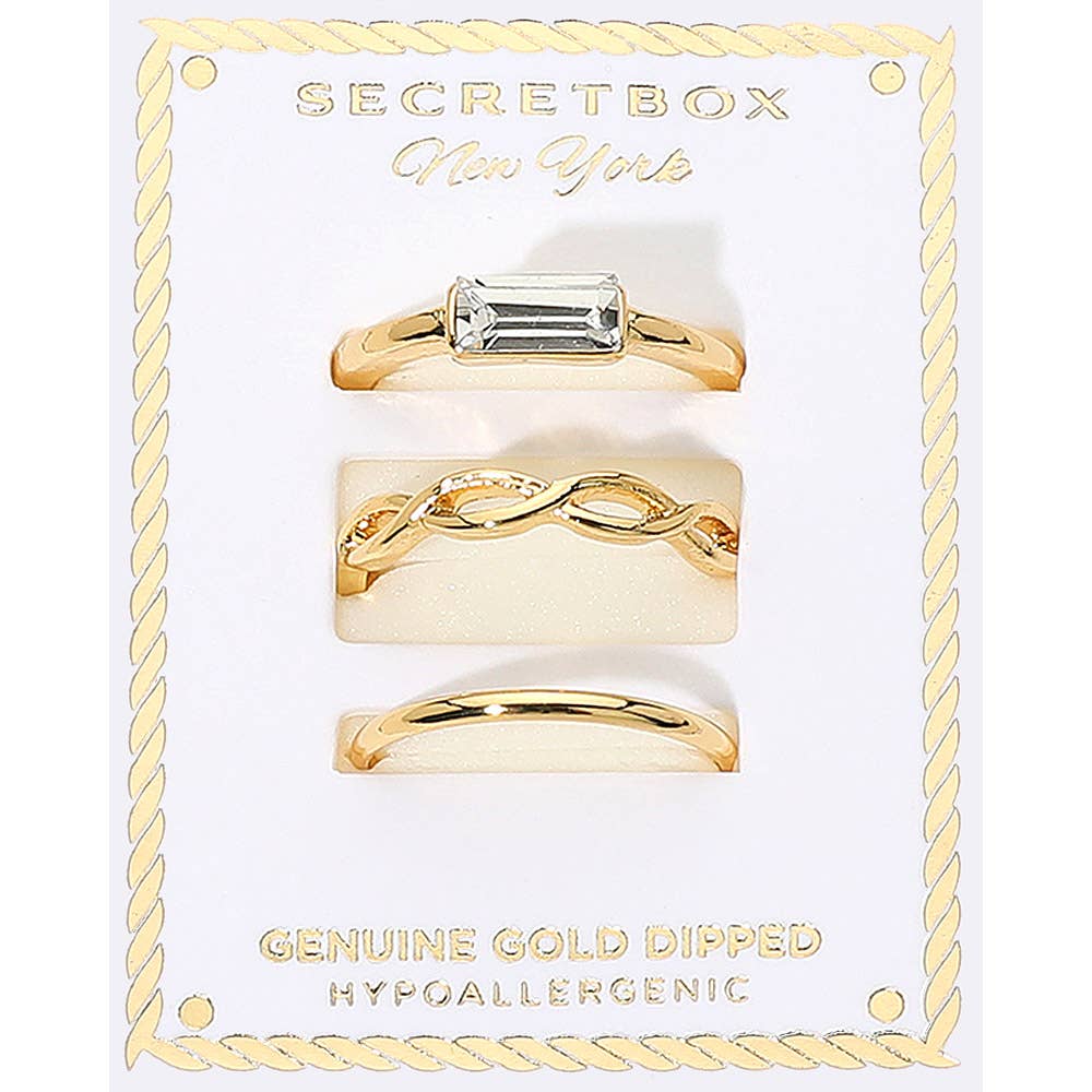 SECRET BOX_3PCS Genuine Gold Dipped Baguette Stone Accent Stackable Fashion Ring Set: Silver
