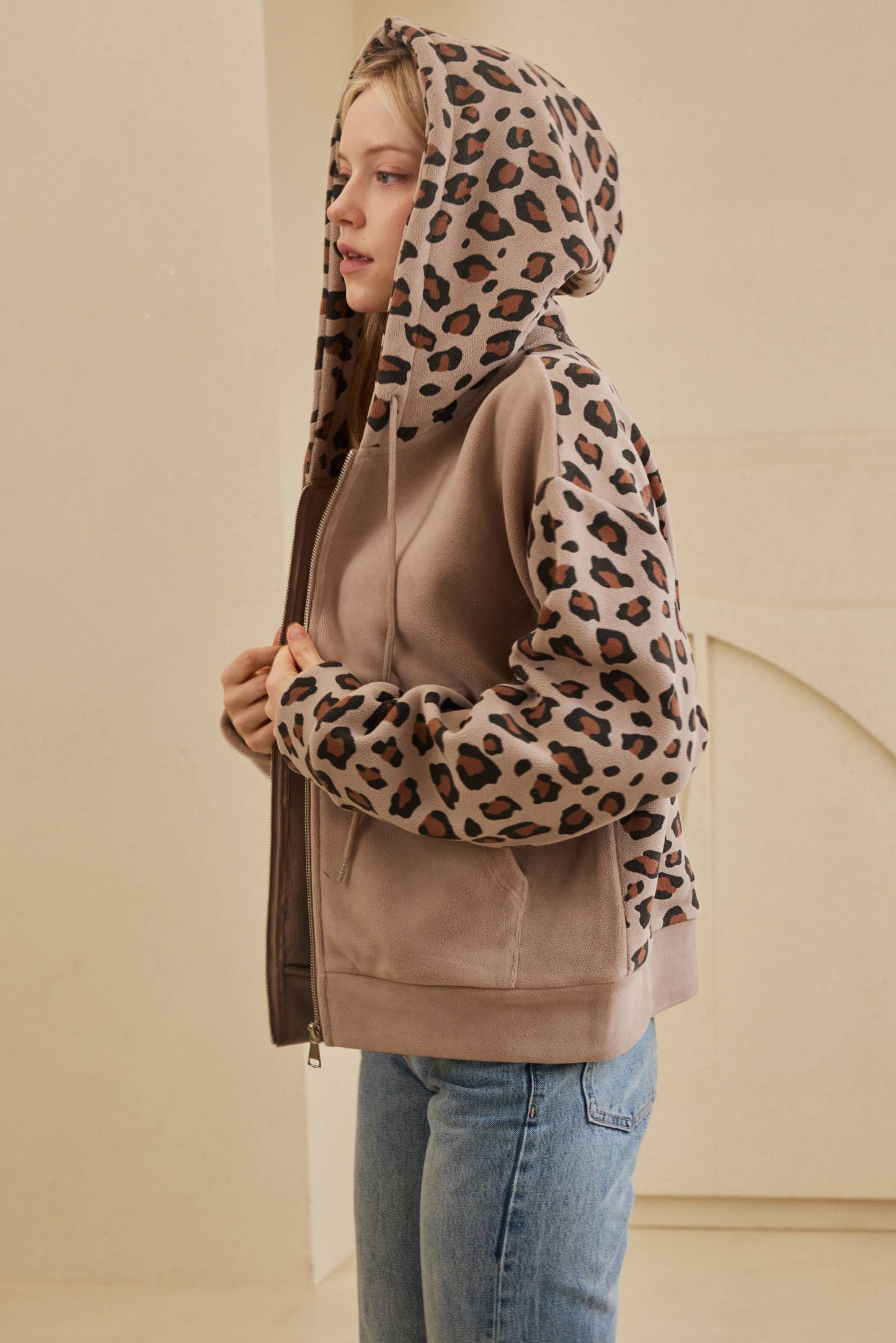 Zip Up hooded Sweatshirt with Leopard Print: Brown / S