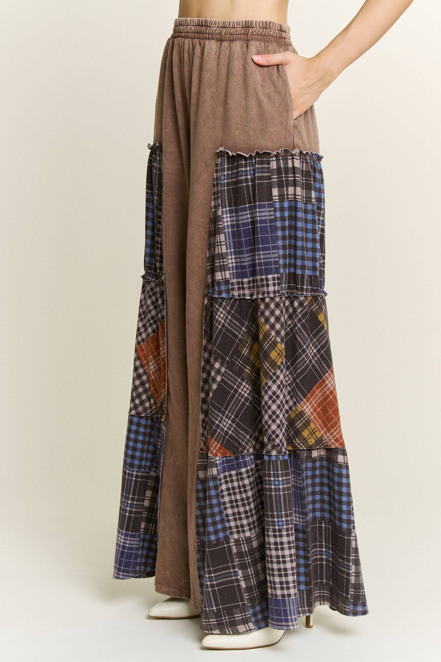 Mineral Washed Tiered Plaid Wide Flare pants HP6675: Olive / S-M-L / 2-2-2