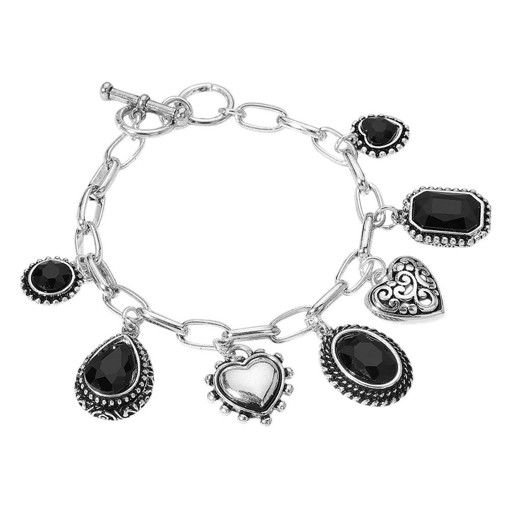 Teardrop Oval Round Stone Metal Heart Charm Station Bracelet