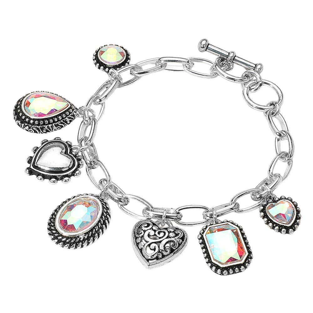 Teardrop Oval Round Stone Metal Heart Charm Station Bracelet