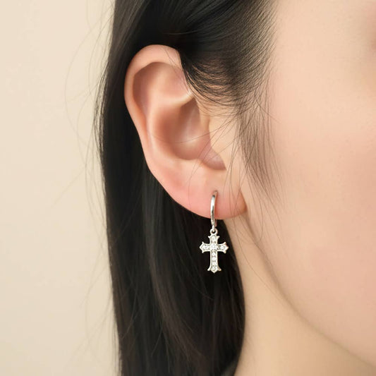 14K Gold Dipped Center CZ Stone Pave Cross Charm Drop Mini Huggie Hoop Earrings