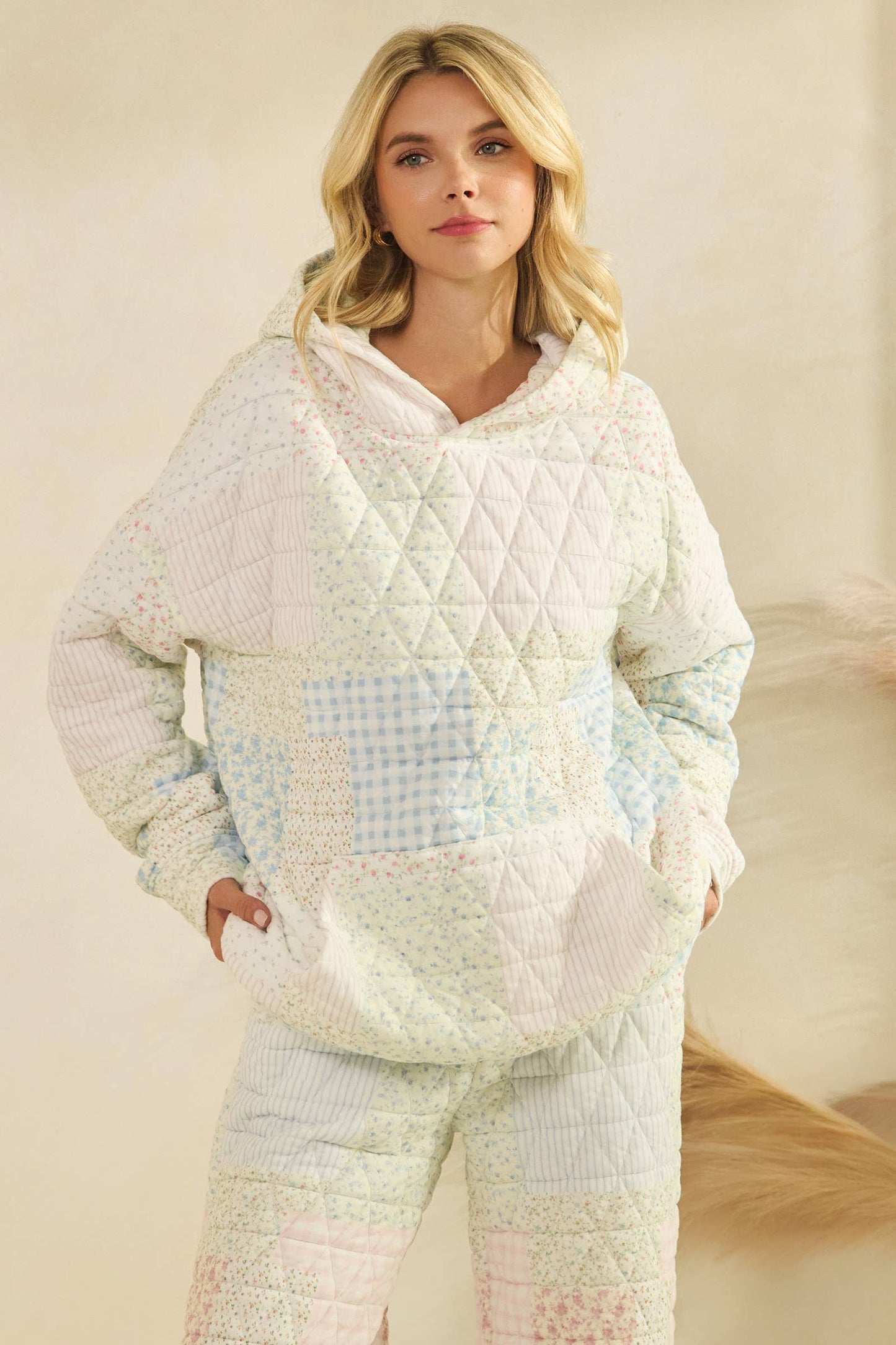 Floral textured oversized Hoodie : Pastel combo / M