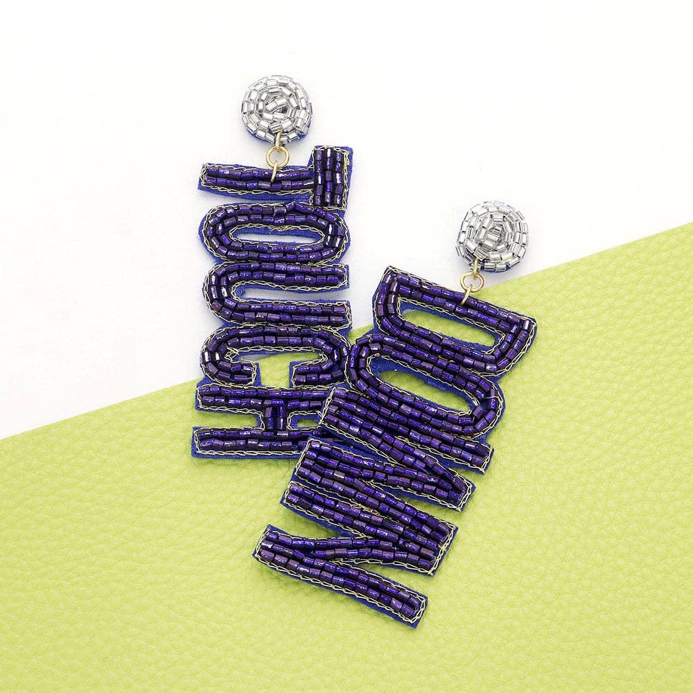 Game Day Felt Back Beaded Touch Down Message Dangle Earrings: Royal Blue,White