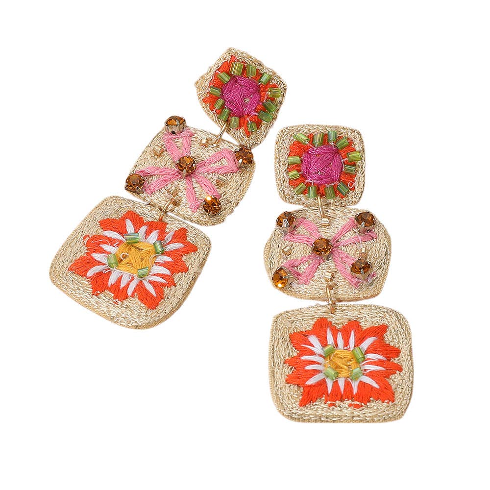 Embroidered Beaded Crochet Granny Square Link Drop Earrings