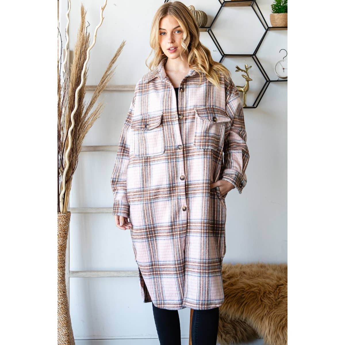 Wool Mix Plaid Checker Longline Shacket: Pink Combo / M
