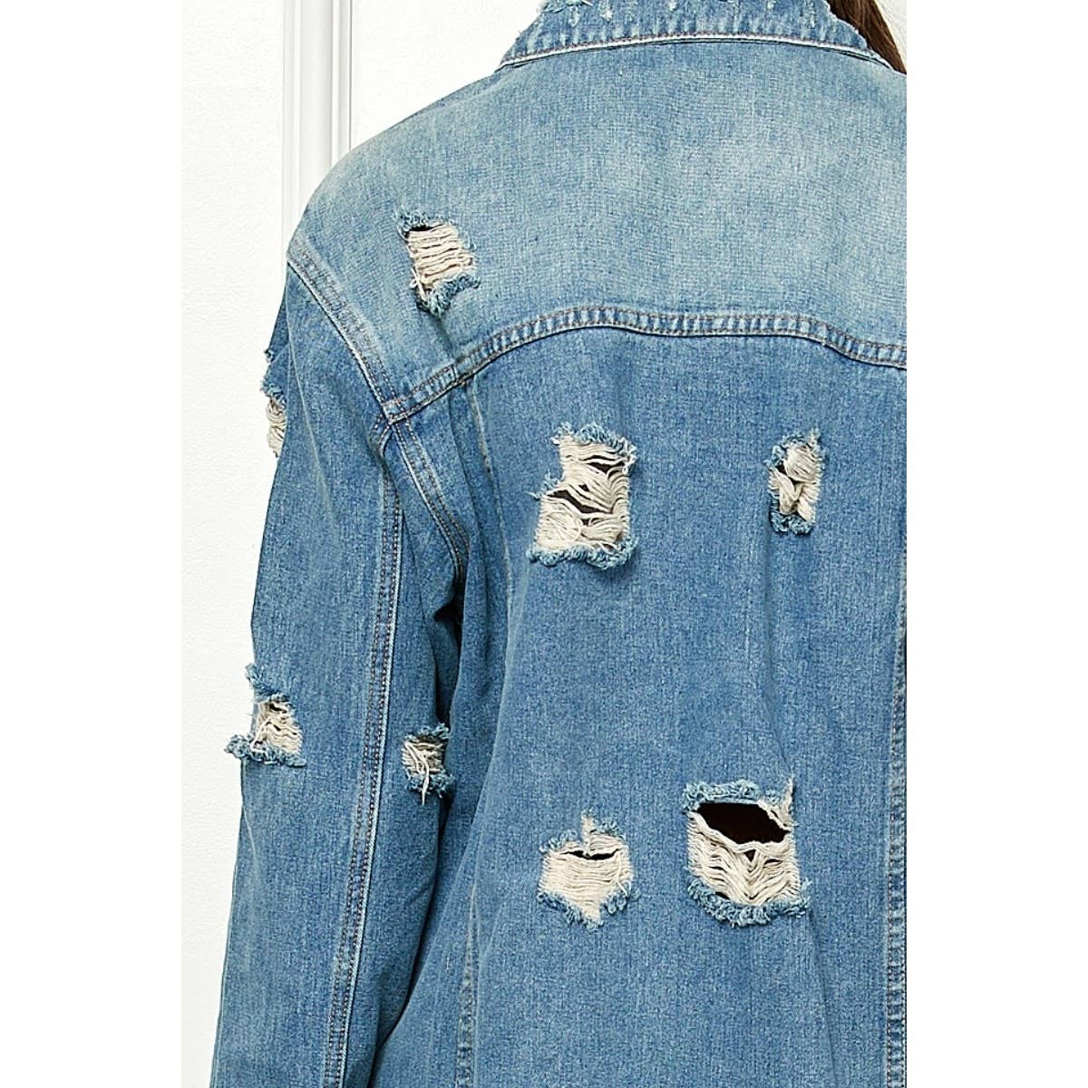 Distressed Long Denim Jacket: Med Wash / S