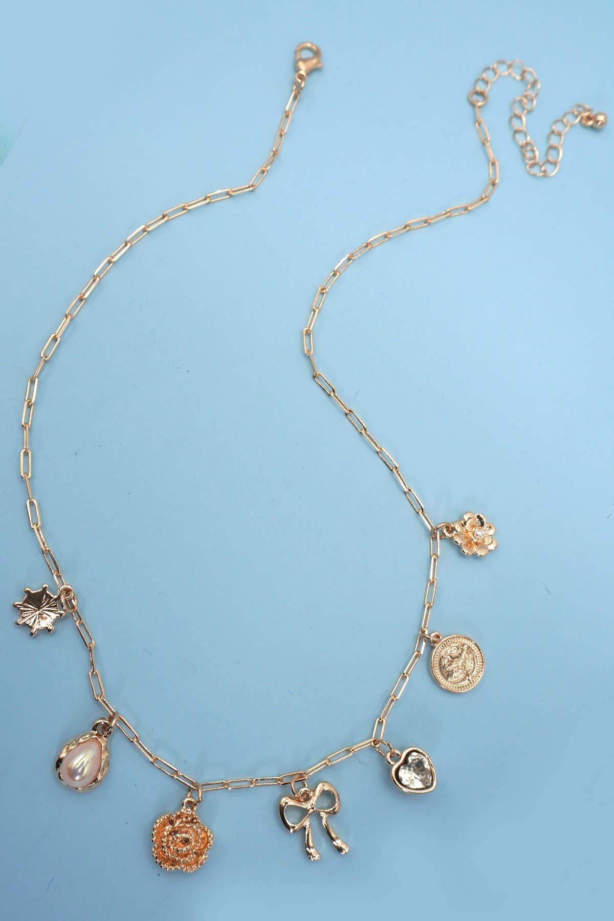 BOW HEART FLOWER CHARM LINK CHAIN NECKLACE | 80N91475