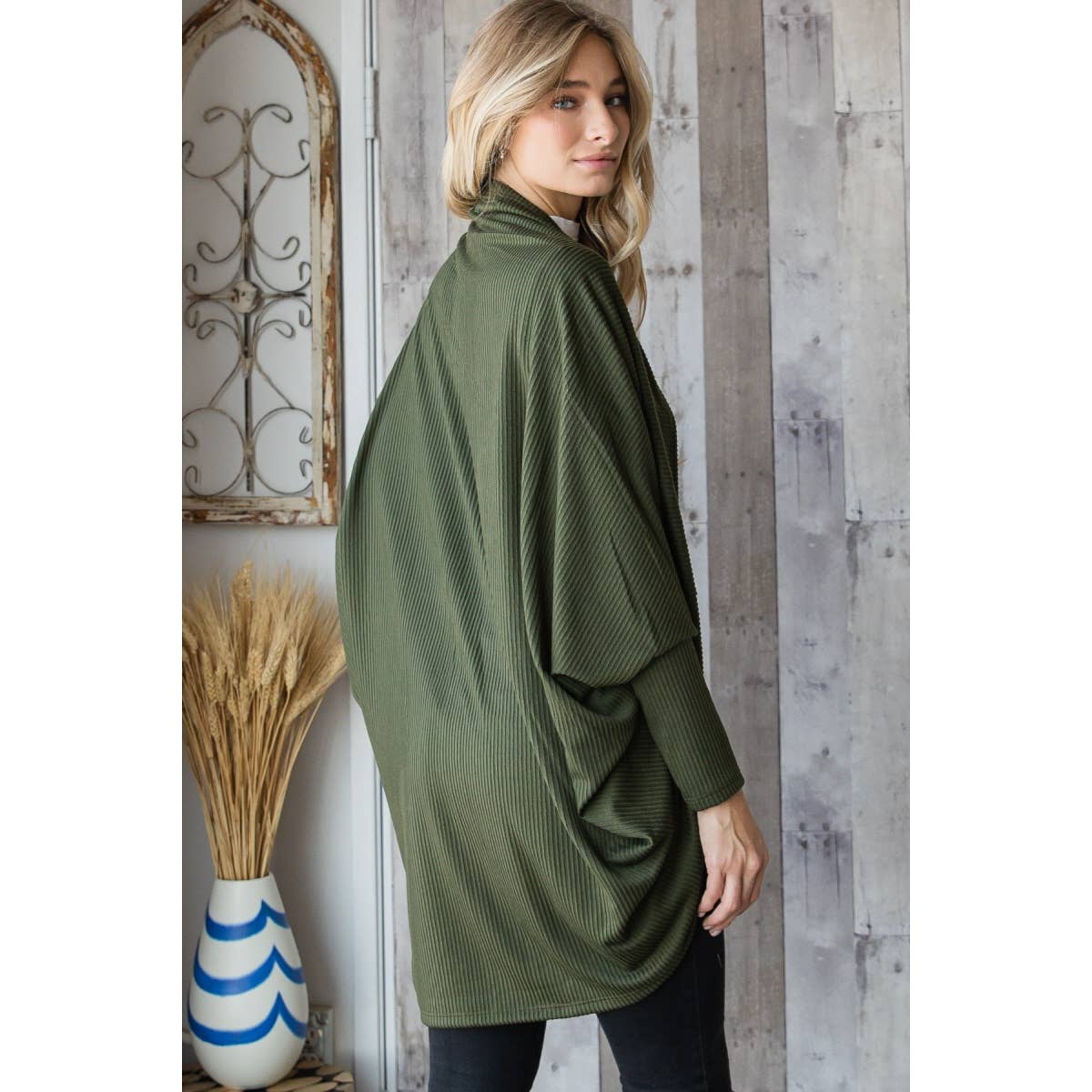 J70802 - Urban Knit Shawl Open Front Cardigan: Olive / L
