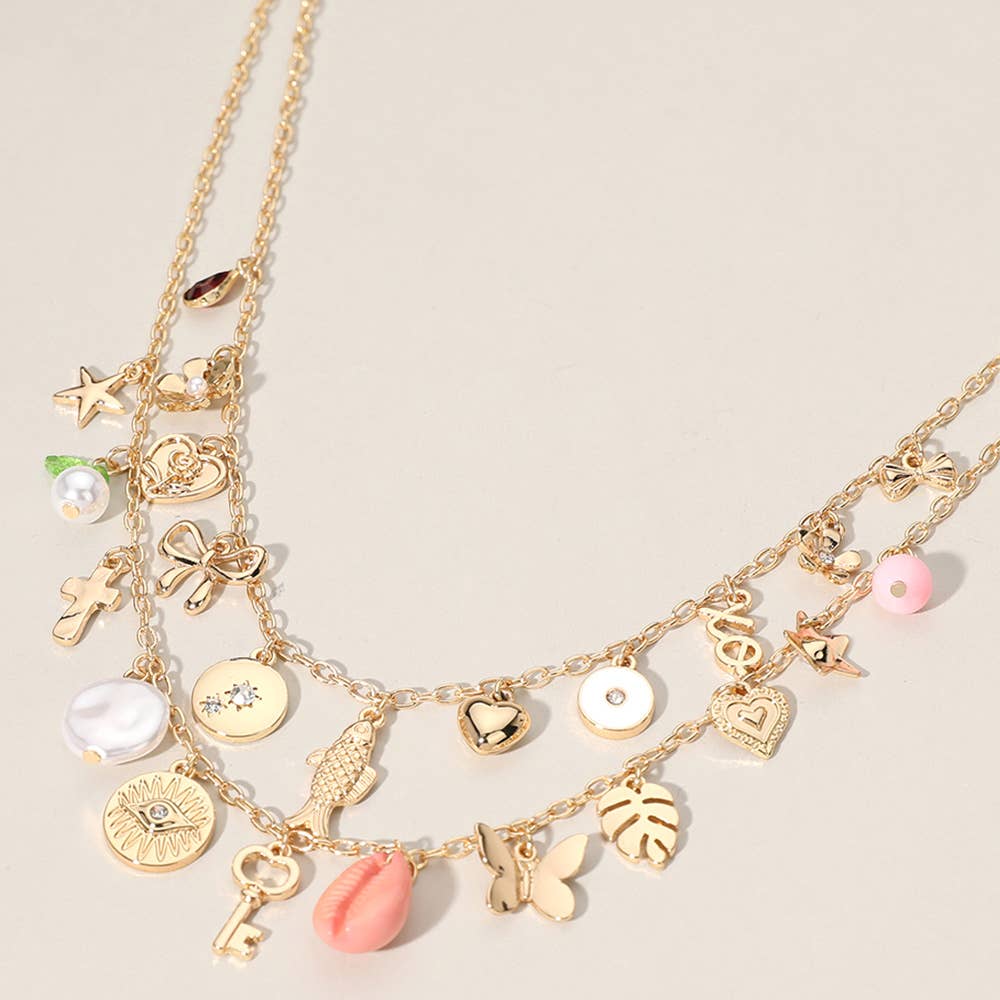 Key Butterfly Shell Charm Flower Double Layered Necklace