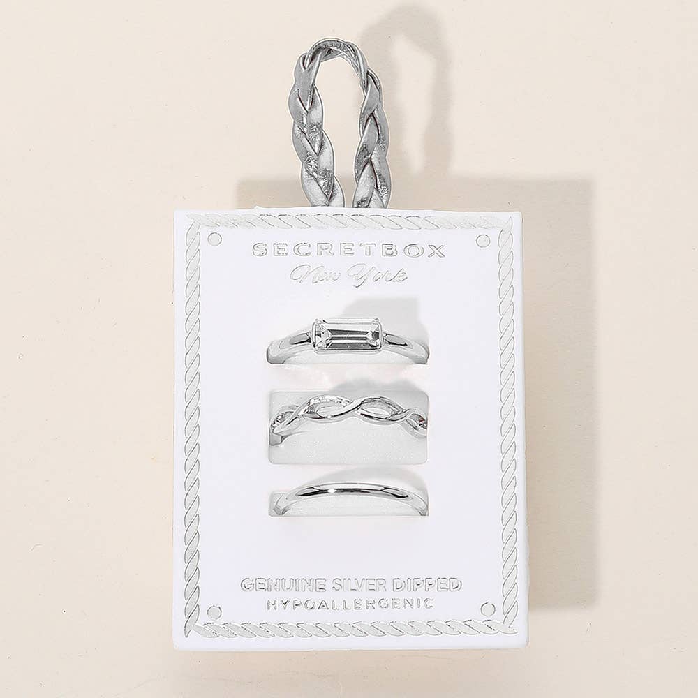 SECRET BOX_3PCS Genuine Gold Dipped Baguette Stone Accent Stackable Fashion Ring Set: Silver