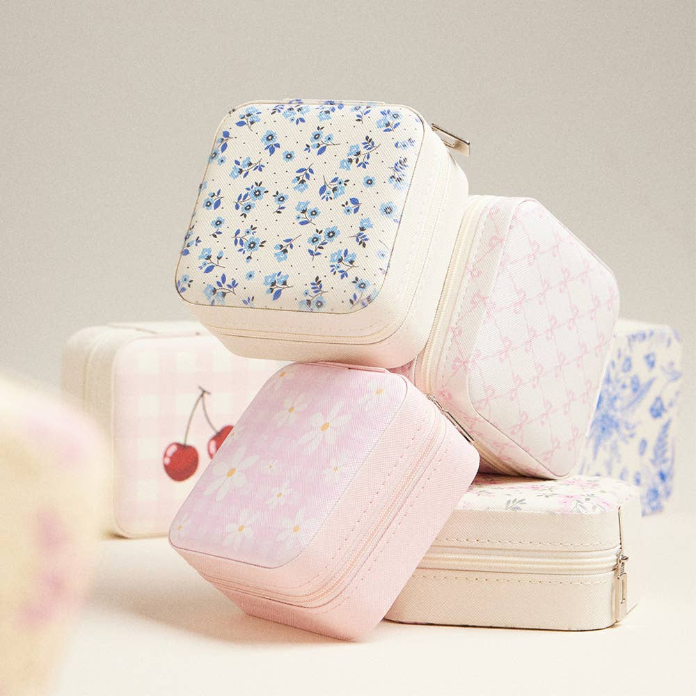 Daisy Flower Checkered Pattern Portable Square Jewelry Box