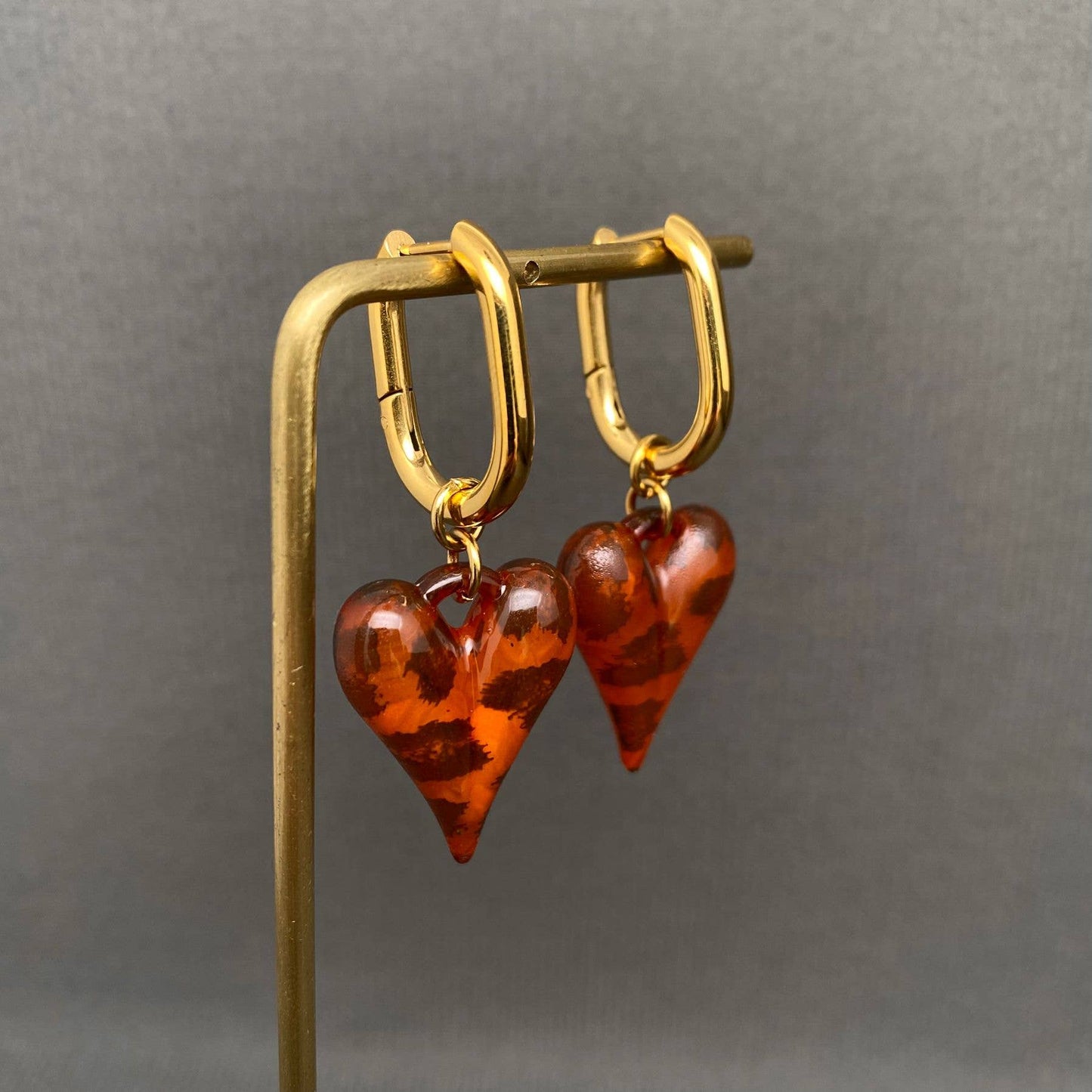 Acrylic Leopard Heart 18K Gold Plated SS Huggie Earrings - FGS