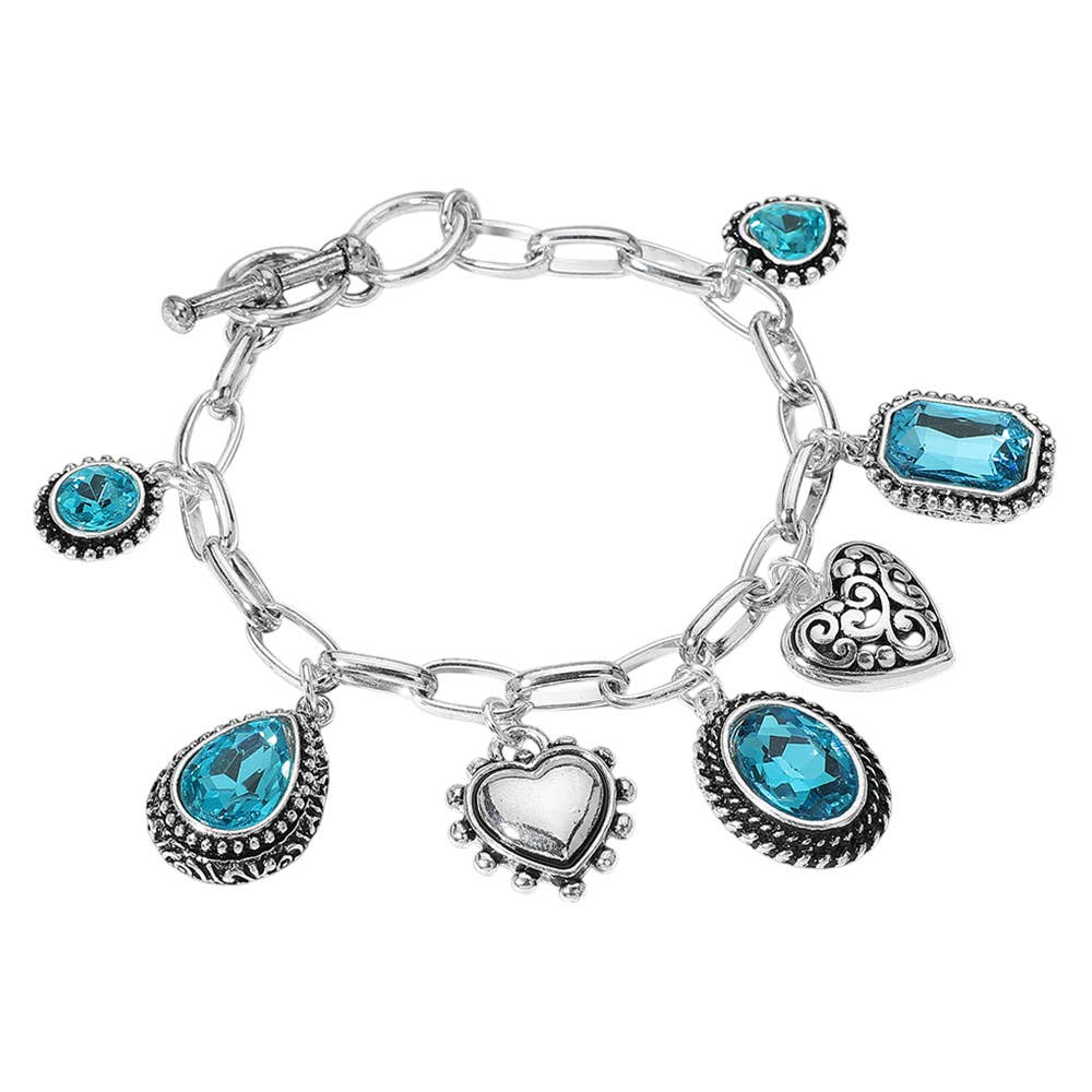Teardrop Oval Round Stone Metal Heart Charm Station Bracelet