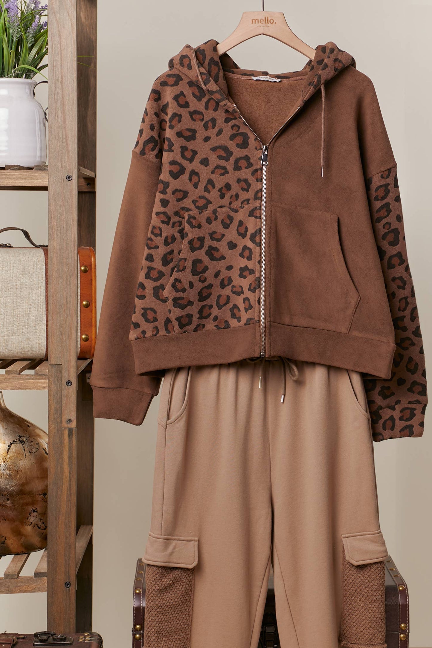 Zip Up hooded Sweatshirt with Leopard Print: Brown / S