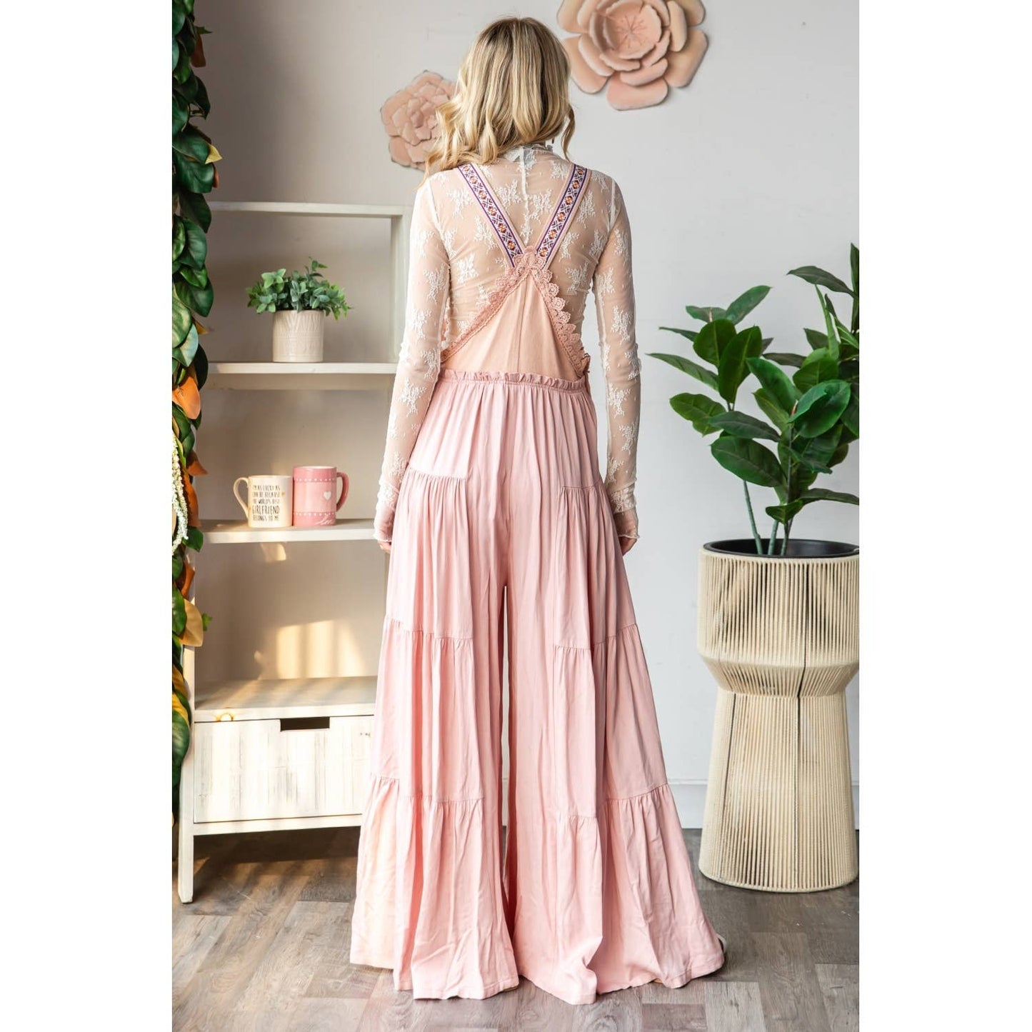 Embroidered Strap Flowy Jumpsuit: Black / L