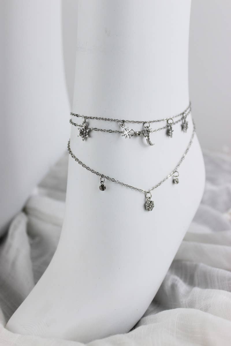 Celestial Charm Layered Anklet - Sparkling Star & Moon Dangl: Silver
