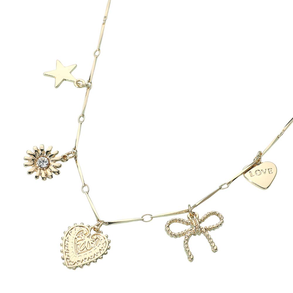 Metal Heart Bow Star Flower Charm Station Necklace