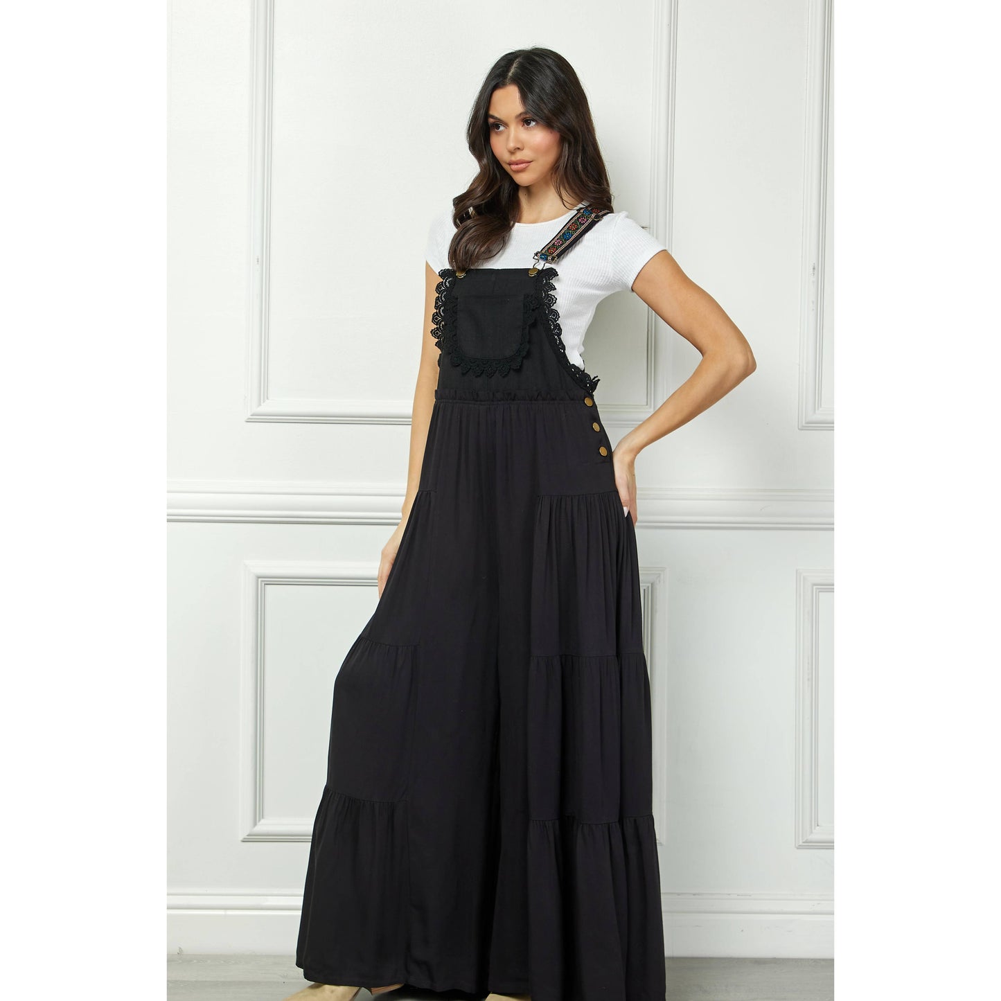 Embroidered Strap Flowy Jumpsuit: Black / S