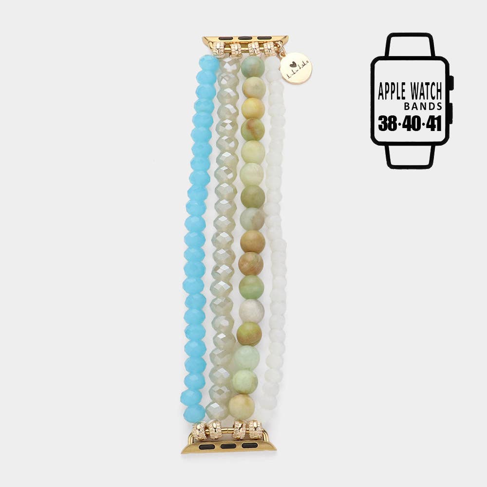 Faceted Beads Natural Stone Beaded Multi Layered Apple Watch Band: Rhodium,White