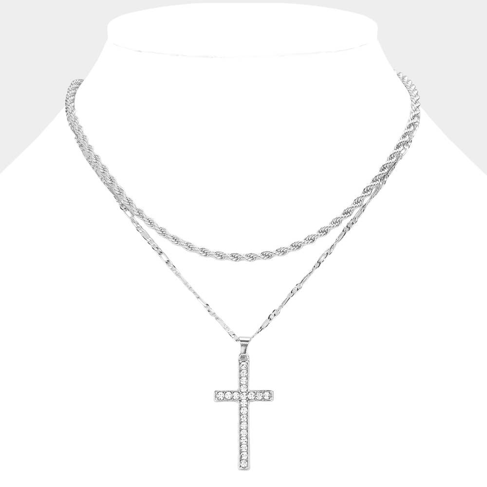 Stone Paved Cross Pendant Double Layered Necklace