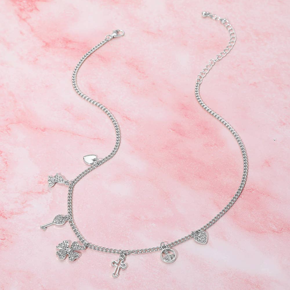 Gold Dipped Clover Heart Cross Key Charm Station Necklace: Clear,Rhodium