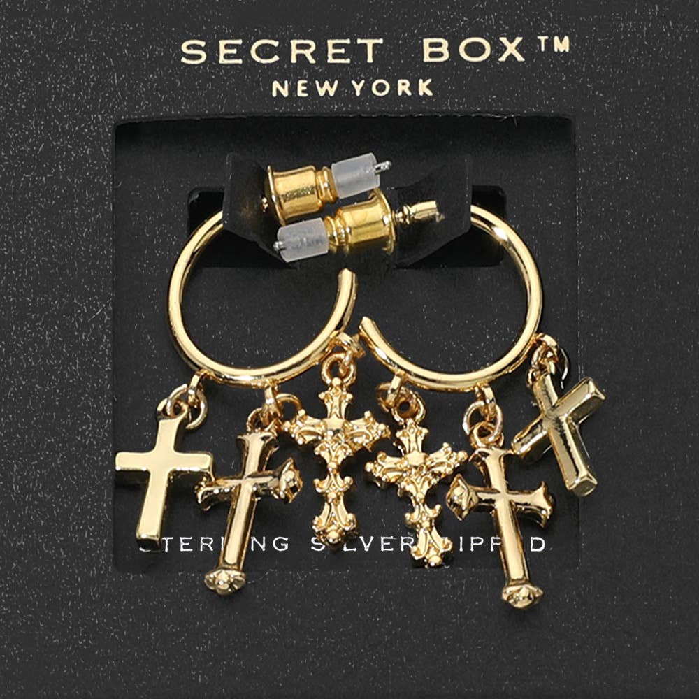 SECRET BOX_Sterling Silver Dipped Cross Charm Hoop Earrings