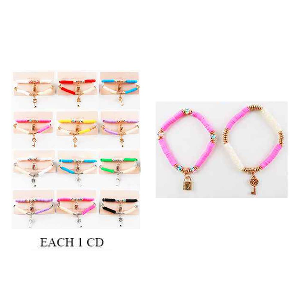 SET OF 2 Lock Key Pendant Heishi Beaded Stretch Bracelets