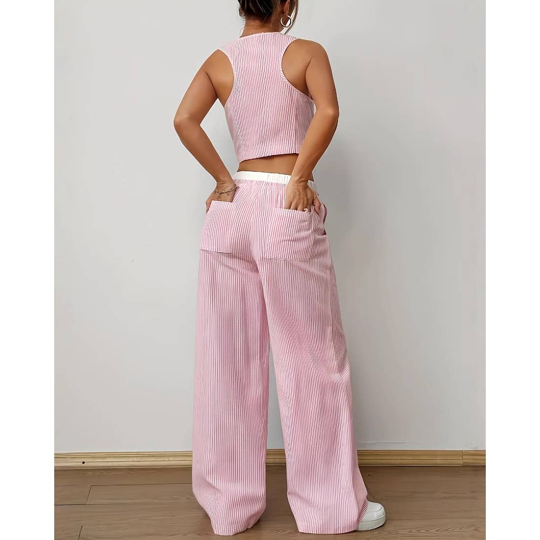 Striped Vest and Wide Leg Pants Two Piece Set