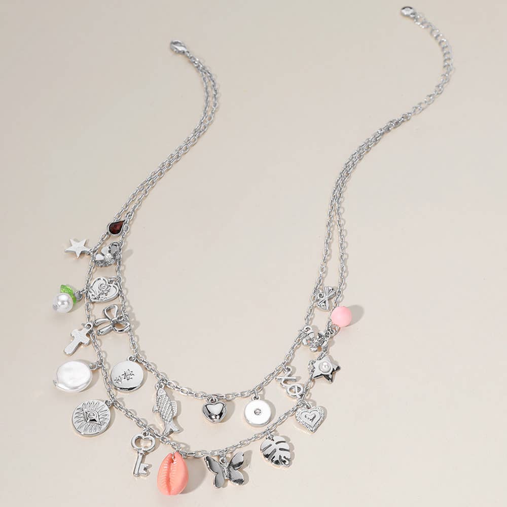 Key Butterfly Shell Charm Flower Double Layered Necklace