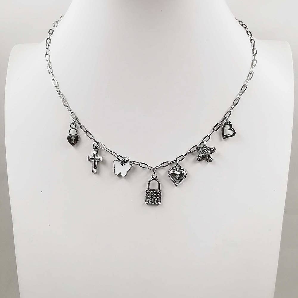 Lock Butterfly Heart Cross Charm Station Necklace: Clear,Rhodium