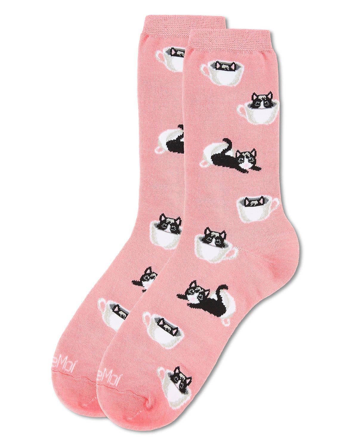 MeMoi Cup o' Cats Bamboo Blend Crew Socks: Pink / 9-11