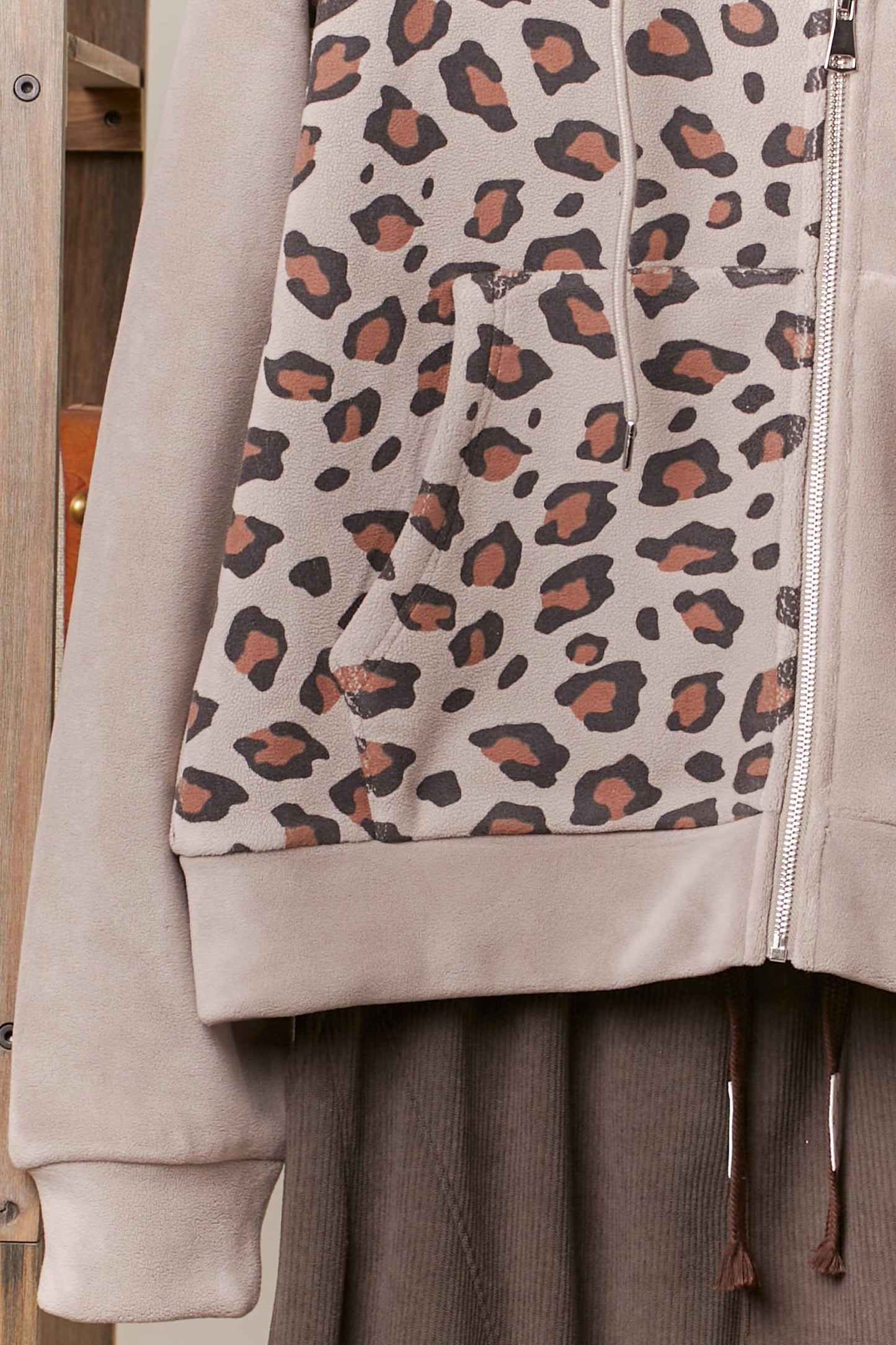 Zip Up hooded Sweatshirt with Leopard Print: Brown / S