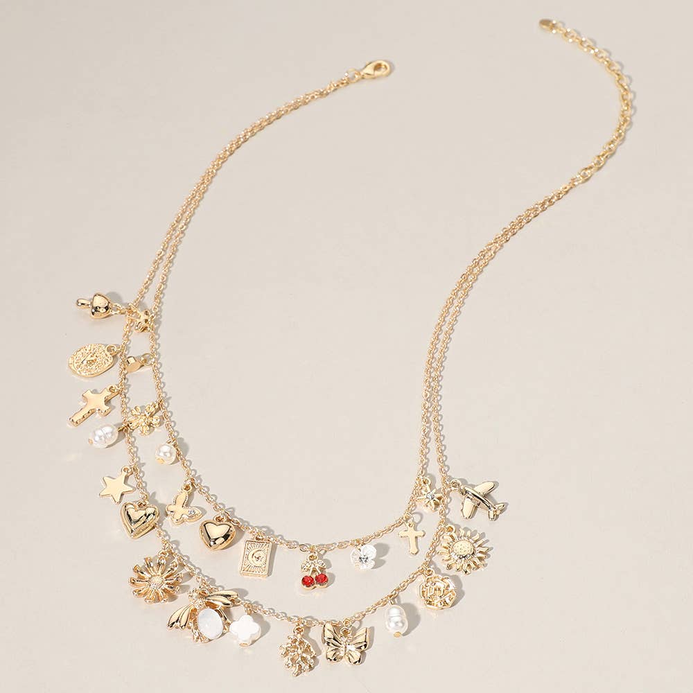 Cherry Butterfly Pearl Quatrefoil Charm Layered Necklace