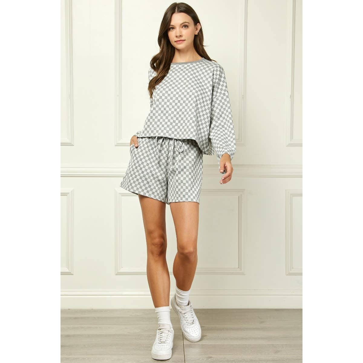 Checker Jersey Drawstring Short : Brown / M