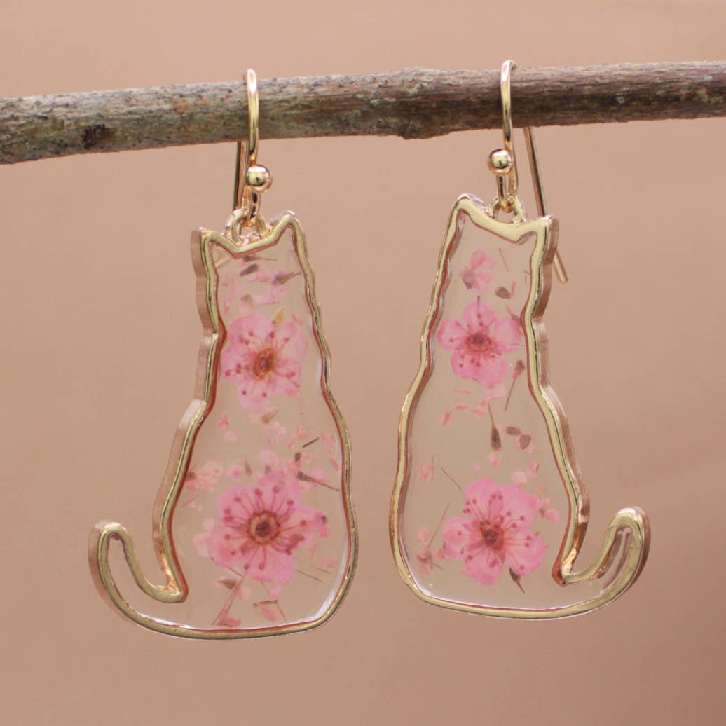 Feline Friend Cat Dried Flower Earrings