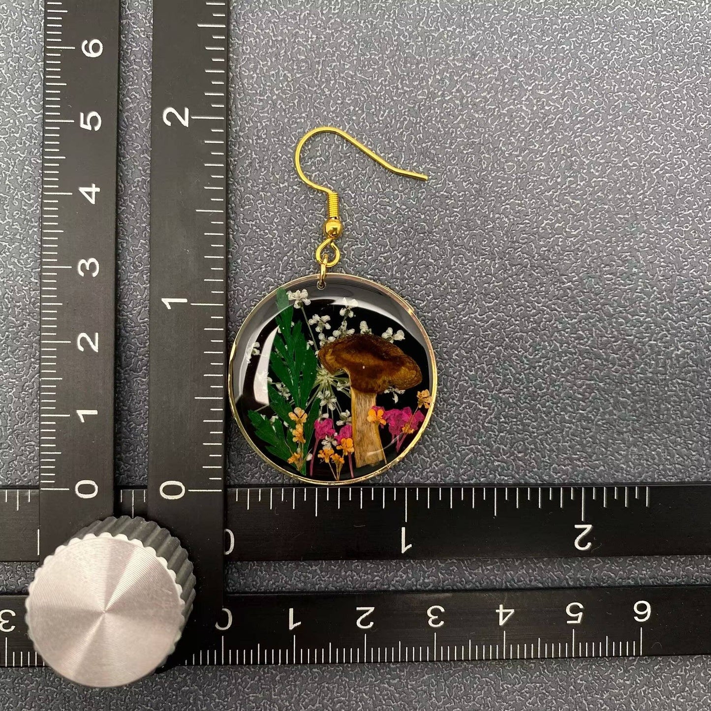 Dried Flowers & Mushroom Floral Black Circular Earrings -PDF