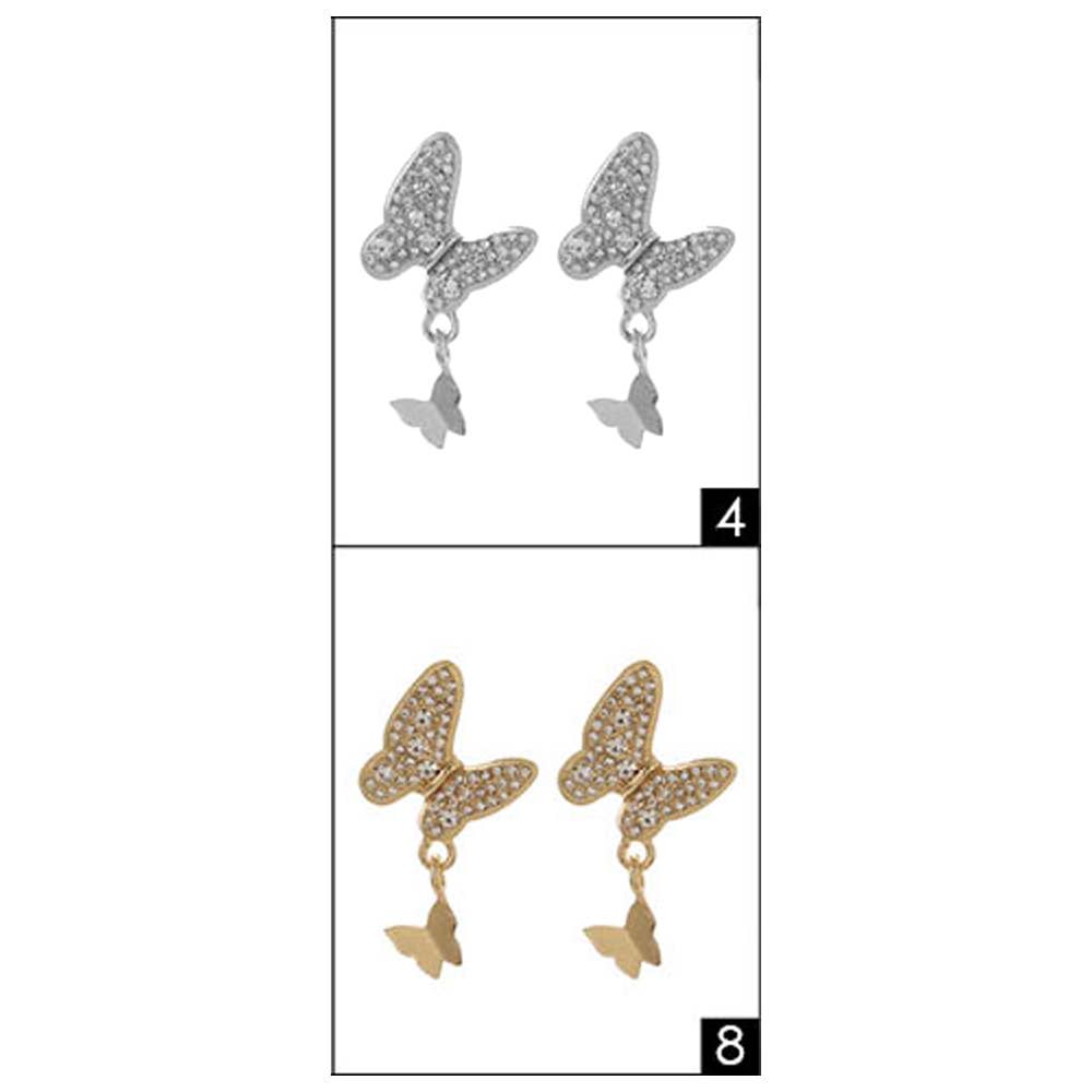 12Pairs - Rhinestone Double Butterfly Link Dangle Earrings
