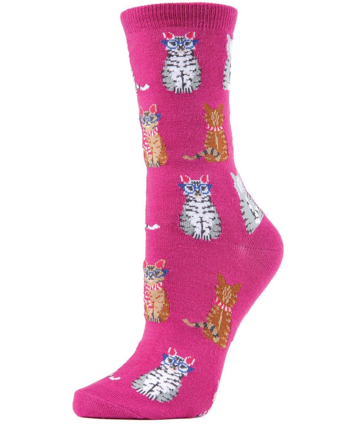 MeMoi Studious Cats Bamboo Blend Crew Socks: Black / 9-11