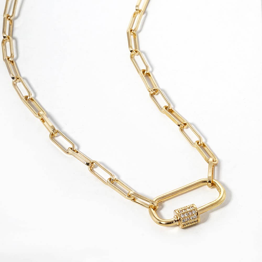 Gold Dipped CZ Carabiner Pendant Paperclip Chain Necklace: Silver