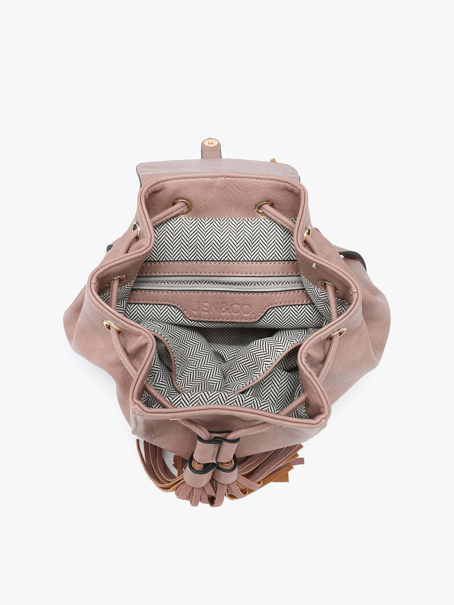 Gray Jewel Distressed Bucket Backpack w/ Fringe