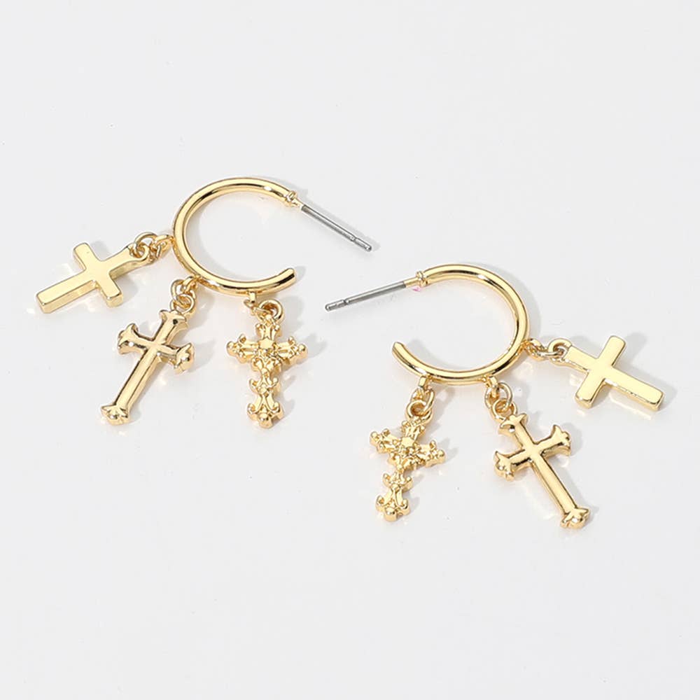 SECRET BOX_Sterling Silver Dipped Cross Charm Hoop Earrings