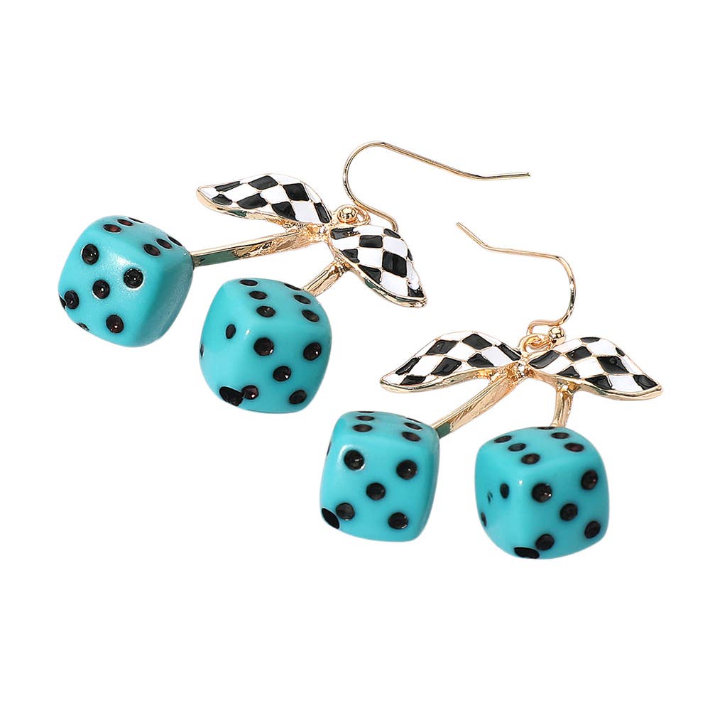 Enamel Retro Checkered Leaf Cherry Dice Dangle Earrings: Gold,Turquoise