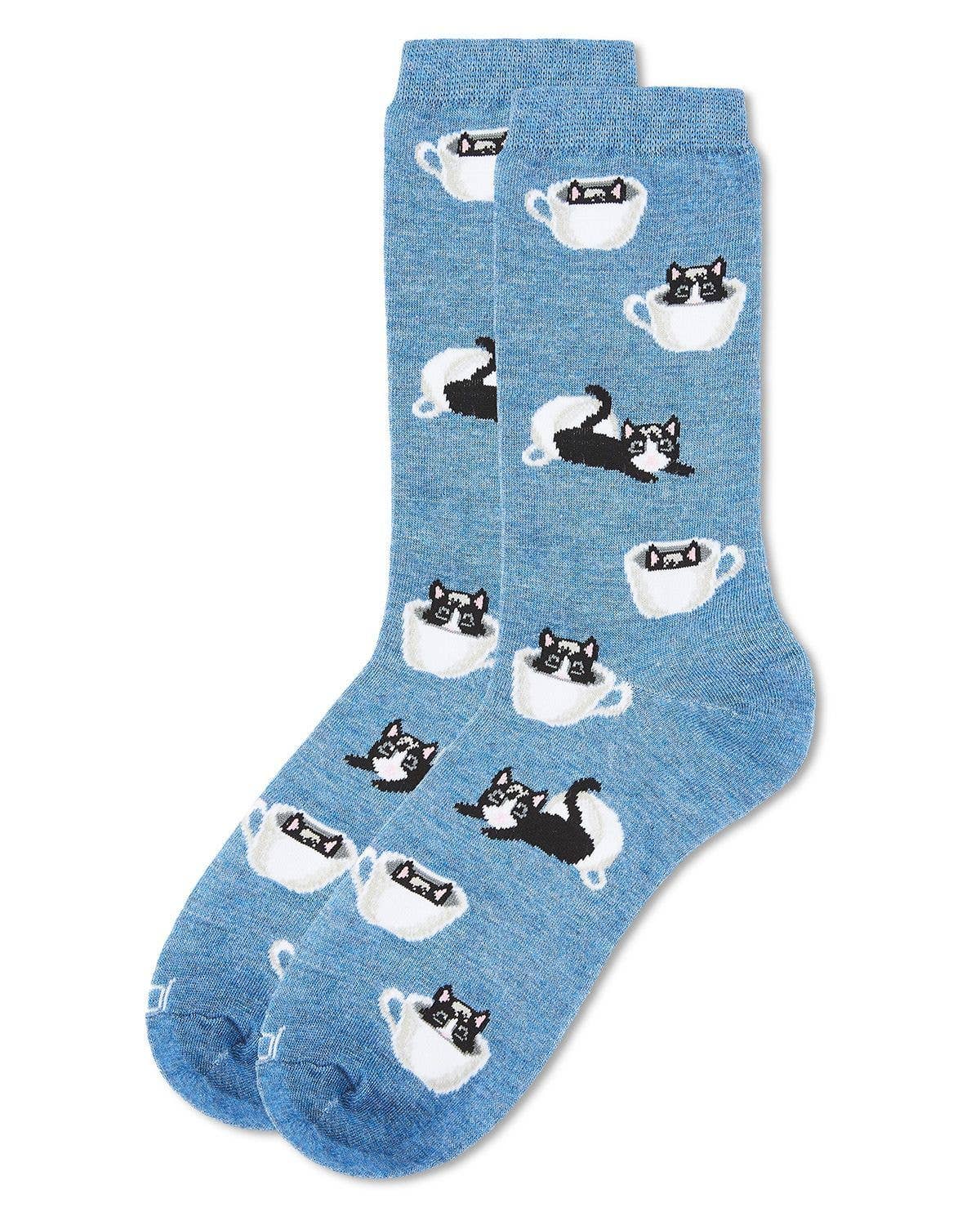 MeMoi Cup o' Cats Bamboo Blend Crew Socks: Pink / 9-11