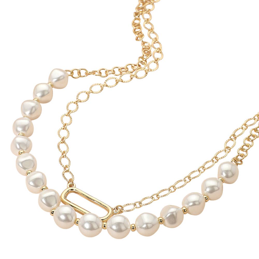 Pearl Chain Link Layered Necklace: Cream,Gold