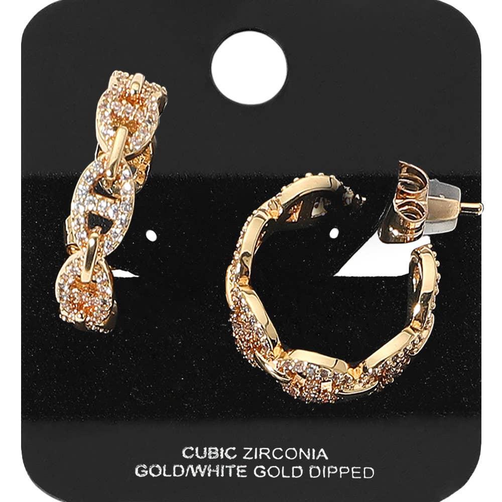 Gold Dipped CZ Stone Paved Mariner Link Hoop Earrings: Rhodium