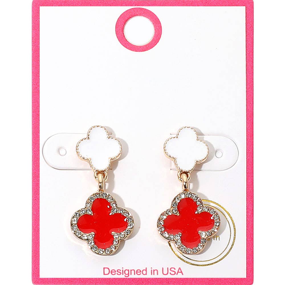 Rhinestone Accented Quatrefoil Drop Earrings: Black,Rhodium,White