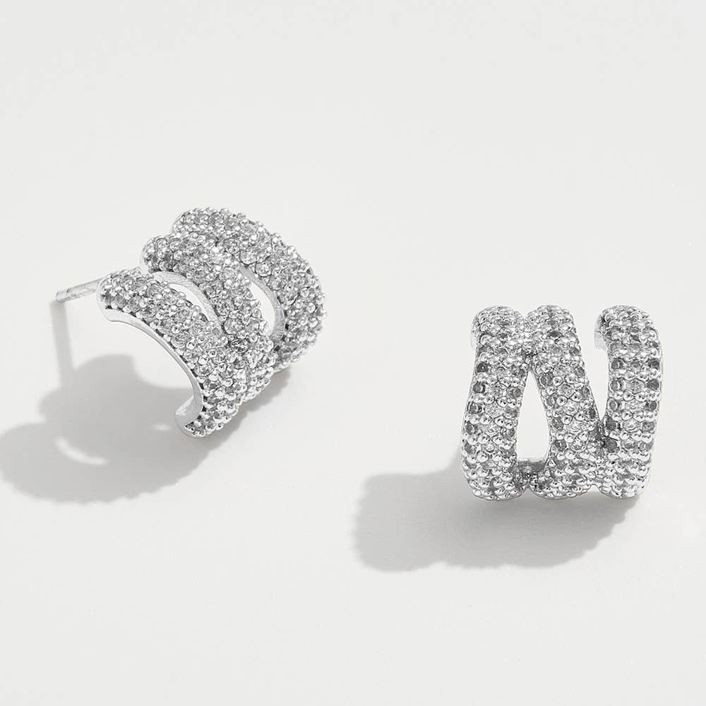 14K Gold Dipped CZ Stone Paved Triple Row Half Hoop Small Earrings